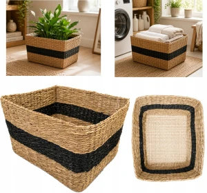 Kosz pleciony z trawy morskiej 35x30x22 cm boho na koce zabawki lub donicę