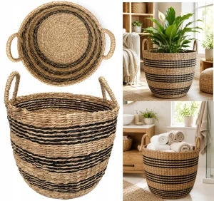 Kosz pleciony z trawy morskiej 36×30 cm boho na koce zabawki lub donicę