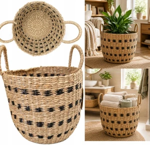 Kosz pleciony z trawy morskiej 32x27 cm boho na koce zabawki lub donicę
